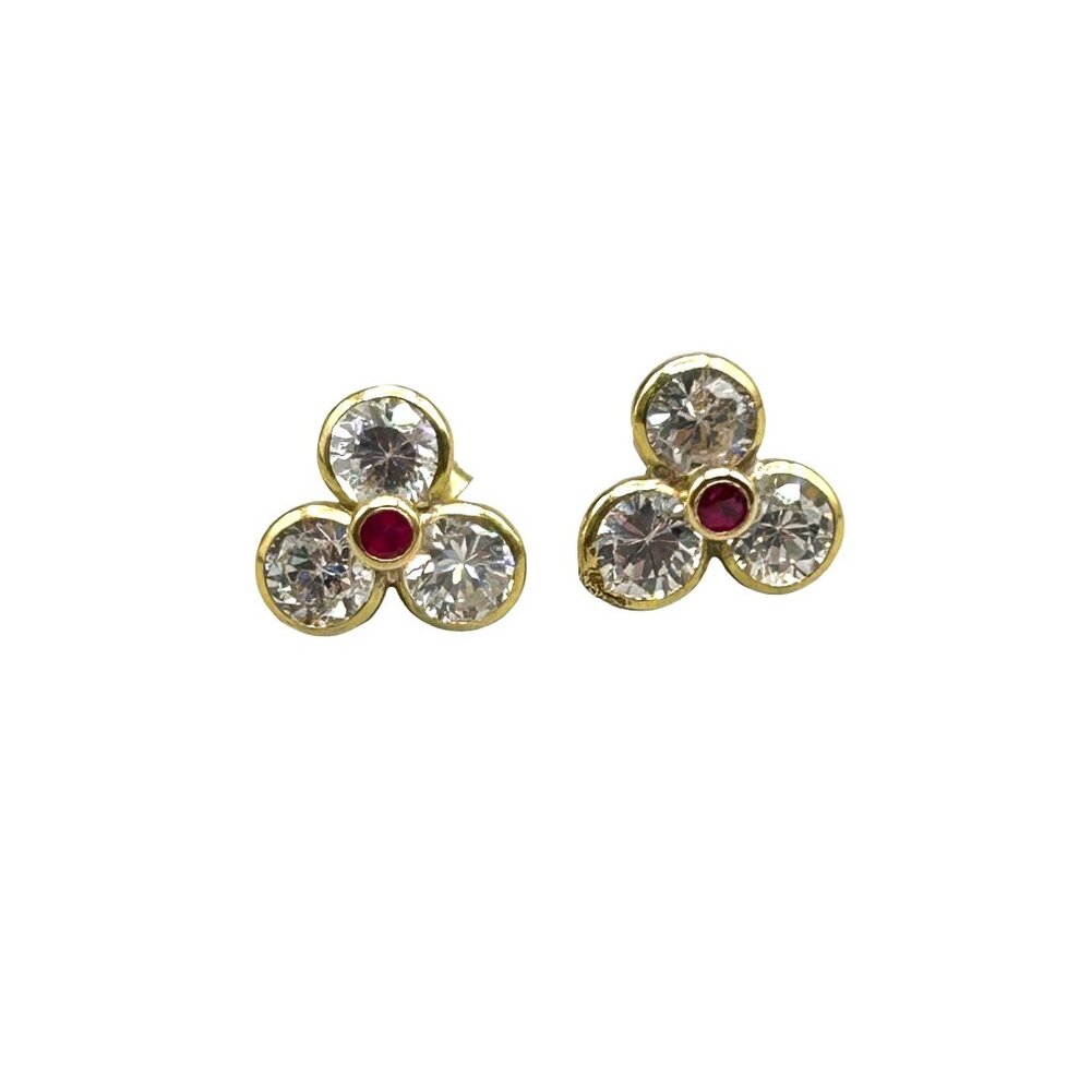 18K Gold Flower Earrings with Clear CZ & Red Stone Center Pierced Studs